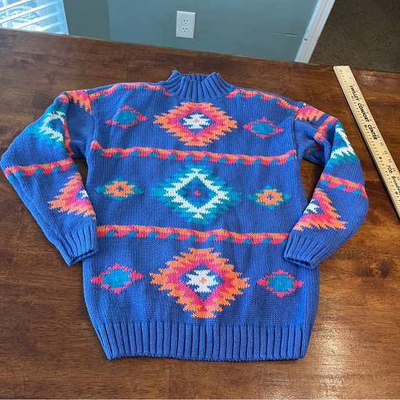 Rebecca Stone Sweaters - Vintage Rebecca Stone Mock neck blue orange pink Aztec design sweater size M